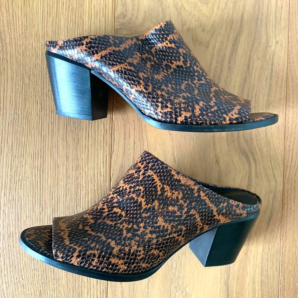 Vince Snake Print Leather Block Mules Size 10